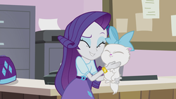Size: 1280x720 | Tagged: safe, screencap, rarity, cat, equestria girls, g4, hamstocalypse now, snuggling