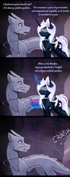 Size: 2044x5096 | Tagged: safe, artist:magnaluna, princess luna, oc, oc:zefiroth, dragon, pony, g4, alternate design, alternate universe, blindfold, canon x oc, colored wings, comic, crystal, curved horn, ear fluff, gem, high res, horn, magic, multicolored wings, shipping, spanish, translated in the comments, white-haired luna