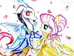 Size: 480x360 | Tagged: safe, artist:liaaqila, discord, fluttershy, g4, beauty and the beast, crossover, female, looking at each other, male, ship:discoshy, shipping, straight, traditional art