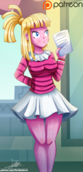 Size: 1243x2566 | Tagged: safe, artist:the-butch-x, bleeding heart, equestria girls, g4, the saddle row review, canterlot high, clothes, commission, cute, dress, equestria girls-ified, female, legs, paper, patreon, patreon logo, ponytail, preview, skirt, solo, standing, striped shirt