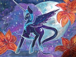 Size: 2592x1936 | Tagged: safe, artist:cityofdreams, nightmare moon, alicorn, classical unicorn, pony, g4, female, flower, horn, leonine tail, moon, raised hoof, solo, spread wings, stars, traditional art, watercolor painting
