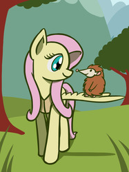 Size: 1280x1707 | Tagged: safe, artist:flutterluv, fluttershy, opossum, g4, animal, clothes, duo, grass, looking at each other, spread wings, tree, vest