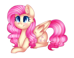 Size: 1309x1035 | Tagged: safe, artist:cloudy-risicpaint, fluttershy, pony, g4, alternate hairstyle, female, prone, solo