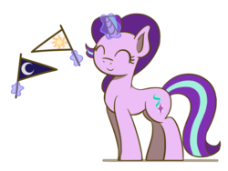 Size: 1280x960 | Tagged: safe, artist:flutterluv, starlight glimmer, pony, unicorn, g4, ^^, banner, eyes closed, female, flag, magic, simple background, smiling, solo, starlight day, starlight glimmer day, telekinesis, transparent background