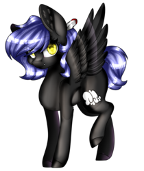 Size: 1024x1221 | Tagged: safe, artist:ohhoneybee, artist:symphstudio, oc, oc only, oc:cloudy night, pegasus, pony, collaboration, fangs, feather, female, looking at you, mare, open collaboration, raised leg, simple background, smiling, solo, spread wings, transparent background, yellow eyes