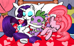 Size: 1280x800 | Tagged: safe, artist:cabrony, artist:lumdrop, color edit, edit, pinkie pie, rarity, spike, dragon, g4, bed, colored, cute, implied shipping, implied sparity, implied straight, sleeping, spike plushie