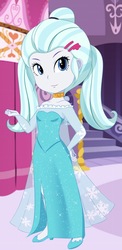 Size: 853x1742 | Tagged: safe, artist:glittertiara, sugarcoat, equestria girls, g4, my little pony equestria girls: friendship games, choker, clothes, costume, crossover, disney, dress, elsa, female, frozen (movie), high heels, looking at you, smiling, solo, standing