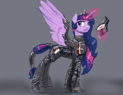 Size: 1280x989 | Tagged: safe, artist:silfoe, twilight sparkle, alicorn, pony, g4, armor, crossover, female, glowing horn, gray background, gun, horn, levitation, magic, mare, mass effect, n7, n7 armor, serious, serious face, simple background, solo, telekinesis, twilight sparkle (alicorn), video game, warrior twilight sparkle, weapon