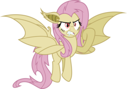 Size: 5567x3897 | Tagged: safe, artist:osipush, fluttershy, bat pony, pony, g4, absurd resolution, angry, bat ponified, fangs, female, flutterbat, flutterrage, flying, race swap, simple background, solo, spread wings, transparent background, vector