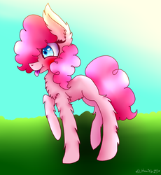 Size: 1013x1101 | Tagged: safe, artist:flutterwishs143, pinkie pie, earth pony, pony, g4, chest fluff, ear fluff, female, fluffy, heart eyes, raised hoof, solo, tongue out, wingding eyes