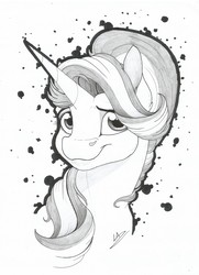 Size: 2413x3327 | Tagged: safe, artist:lupiarts, starlight glimmer, pony, unicorn, g4, bust, female, high res, looking at you, mare, monochrome, signature, sketch, smiling, solo, traditional art
