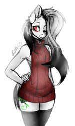 Size: 1024x1714 | Tagged: safe, artist:hennessieo, oc, oc only, anthro, backless, blushing, clothes, collar, one eye closed, open-back sweater, simple background, sleeveless sweater, smiling, socks, solo, sweater, thigh highs, virgin killer sweater, wink