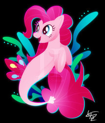 Size: 800x935 | Tagged: safe, artist:ii-art, pinkie pie, earth pony, pony, seapony (g4), g4, my little pony: the movie, cute, diapinkes, dorsal fin, female, fin, fish tail, flowing mane, flowing tail, looking at you, mare, ocean, open mouth, open smile, scales, seaponified, seapony pinkie pie, seaquestria, seaweed, signature, smiling, smiling at you, species swap, swimming, tail, that pony sure does love being a seapony, underwater, water, watermark