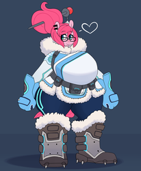 Size: 1280x1551 | Tagged: safe, artist:somescrub, pinkie pie, earth pony, anthro, hugtastic pinkie pie, g4, big breasts, breasts, busty pinkie pie, clothes, cosplay, costume, female, glasses, heart, huge breasts, mei, overwatch, smiling, thunder thighs, wide hips