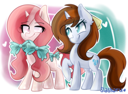 Size: 1024x755 | Tagged: safe, artist:slasharu, oc, oc only, oc:diamante, oc:gummi, pony, unicorn, bow, female, hair bow, mare, raised hoof