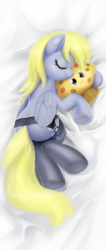 Size: 633x1500 | Tagged: safe, artist:moonlitbrush, derpy hooves, pegasus, pony, g4, body pillow, body pillow design, clothes, commission, female, food, garter belt, lace, lingerie, mare, muffin, sleeping, solo, stockings, thigh highs, toy