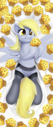 Size: 633x1500 | Tagged: safe, artist:moonlitbrush, derpy hooves, pegasus, pony, g4, belly button, body pillow, body pillow design, clothes, commission, female, food, garter belt, lace, lingerie, mare, muffin, sleeping, solo, stockings, that pony sure does love muffins, thigh highs