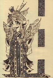 Size: 1420x2099 | Tagged: safe, artist:rinioshi, fluttershy, pony, g4, alternate hairstyle, bipedal, clothes, female, floppy ears, hairsticks, hoof on chest, hooves together, kimono (clothing), looking away, looking down, partial color, solo, spread wings, traditional art