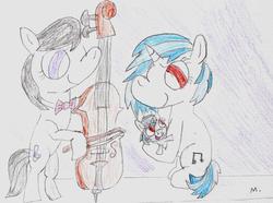 Size: 1926x1433 | Tagged: safe, artist:ptitemouette, dj pon-3, octavia melody, vinyl scratch, oc, oc:bass canon, pony, unicorn, g4, cello, female, filly, holding a pony, lesbian, magical lesbian spawn, musical instrument, offspring, parent:octavia melody, parent:vinyl scratch, parents:scratchtavia, ship:scratchtavia, shipping, traditional art