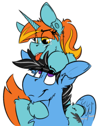 Size: 2018x2558 | Tagged: safe, artist:ralek, artist:varulv, oc, oc only, oc:silver lining, oc:swift note, hippogriff, hybrid, pony, unicorn, cute, freckles, high res, horn, piercing, ponytail, size difference, tongue out