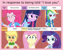 Size: 1000x800 | Tagged: safe, applejack, fluttershy, pinkie pie, rainbow dash, rarity, twilight sparkle, equestria girls, g4, 6 pony meme, baka, blushing, disappointed, exploitable meme, i love you, mane six, meme, scared, smiling, tsunderainbow, tsundere