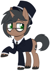 Size: 1780x2500 | Tagged: safe, artist:higglytownhero, oc, oc only, oc:classy tophat, pony, unicorn, clothes, fancy, glasses, green eyes, hat, looking away, male, simple background, stallion, suit, top hat, transparent background