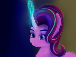 Size: 1270x953 | Tagged: artist needed, source needed, safe, starlight glimmer, pony, unicorn, g4, female, glowing horn, gradient background, horn, magic, smiling, solo