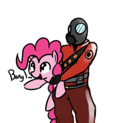 Size: 1039x1115 | Tagged: safe, artist:neuro, pinkie pie, earth pony, human, pony, g4, bang, cute, diapinkes, female, gas mask, holding a pony, mare, mask, pyro (tf2), simple background, sound effects, team fortress 2, transparent background, weapons-grade cute