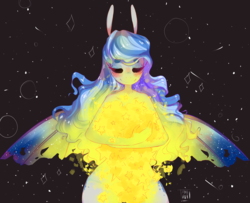 Size: 4960x4024 | Tagged: safe, artist:tamyarts, oc, oc only, bat pony, anthro, abstract, absurd resolution, context is for the weak, eyes closed, female, mare, solo, space, stars