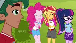Size: 804x455 | Tagged: source needed, safe, edit, edited screencap, editor:thedarkpony, screencap, pinkie pie, sci-twi, sunset shimmer, timber spruce, twilight sparkle, equestria girls, g4, bracelet, camp everfree outfits, clothes, denim shorts, embarrassed, fart, fart cloud, fart edit, female, jewelry, shorts, stinkie pie, sun