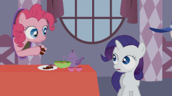 Size: 541x303 | Tagged: safe, artist:agrol, pinkie pie, rarity, when you're a filly, g4, animated, cake, female, filly, food, gif, perfect loop, portal, tea, youtube link