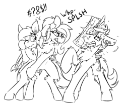 Size: 3140x2600 | Tagged: safe, artist:ralek, oc, oc only, oc:rescue pony, oc:turquoise, oc:twinkie dink, bat pony, cake, censored vulgarity, crying, featureless crotch, food, food fight, grawlixes, high res, monochrome, protecting, revenge, sketch, sound effects, throwing