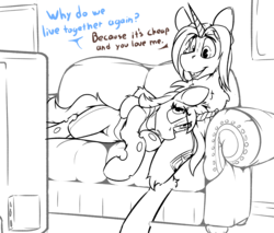 Size: 2426x2069 | Tagged: safe, artist:ralek, oc, oc only, oc:light landstrider, oc:rescue pony, changeling, changeling queen, pony, unicorn, changeling oc, changeling queen oc, couch, cuddling, female, head on lap, high res, male, monochrome, oc x oc, shipping, sketch, straight, talking, television