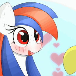 Size: 1000x1000 | Tagged: safe, artist:n0nnny, oc, oc only, oc:mixi creamstar, oc:ocean bird, pony, animated, blushing, boop, cute, eye shimmer, female, frame by frame, freckles, gif, happy, heart, mare, n0nnny's boops, nose wrinkle, open mouth, scrunchy face, smiling, solo focus, text