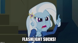 Size: 896x500 | Tagged: safe, edit, edited screencap, screencap, trixie, equestria girls, g4, my little pony equestria girls: rainbow rocks, female, image macro, meme, mouthpiece, solo, trixie yells at everything