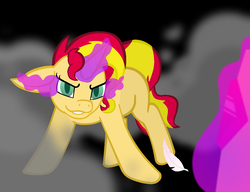 Size: 1248x960 | Tagged: safe, artist:ahaintthatbad, sunset shimmer, pony, unicorn, g4, corrupted, dark magic, feather, female, magic, solo, sombra eyes