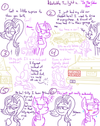 Size: 4779x6013 | Tagged: safe, artist:adorkabletwilightandfriends, spike, starlight glimmer, twilight sparkle, alicorn, dragon, pony, unicorn, comic:adorkable twilight and friends, g4, absurd resolution, adorkable friends, adorkable twilight, blushing, car, comic, equality, implied racism, lineart, slice of life, sweat, twilight sparkle (alicorn), volvo