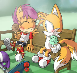 Size: 1748x1647 | Tagged: dead source, safe, artist:atomiclance, scootaloo, anthro, plantigrade anthro, g4, bandaid, blushing, clothes, crossover, food, ice cream, male, midriff, miles "tails" prower, scooter, shorts, sonic the hedgehog (series), sonicified, style emulation
