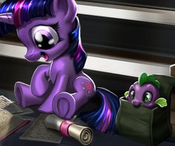 Size: 440x367 | Tagged: safe, artist:harwick, edit, spike, twilight sparkle, dragon, pony, unicorn, g4, baby, baby dragon, baby spike, backpack, book, castle, cute, cutie mark, female, filly, filly twilight sparkle, hnnng, male, nom, open book, open mouth, paper, scroll, sitting, smiling, soon, spikabetes, stairs, twiabetes, underhoof, unicorn twilight, younger