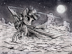 Size: 2346x1765 | Tagged: safe, artist:gaelledragons, oc, oc only, oc:blue zap, pegasus, pony, cloud, female, flying, mare, monochrome, moon, night, solo, traditional art