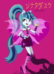 Size: 1024x1387 | Tagged: safe, artist:robocheatsy, sonata dusk, equestria girls, g4, my little pony equestria girls: rainbow rocks, boots, clothes, female, food, high heel boots, jewelry, necktie, open mouth, pendant, pony ears, shadow, smiling, solo, sparkles, taco, text, wings