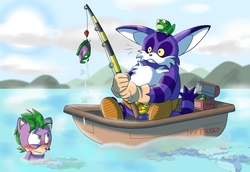 Size: 900x618 | Tagged: dead source, safe, artist:atomiclance, spike, dragon, frog, anthro, g4, big the cat, boat, crossover, fishing rod, froggy, sonic the hedgehog (series), sonicified
