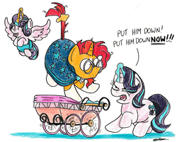Size: 2148x1731 | Tagged: safe, artist:bobthedalek, princess flurry heart, starlight glimmer, sunburst, alicorn, pony, unicorn, g4, angry, auntie starlight, baby carriage, female, filly, flying, foal, levitation, magic, male, mare, running, simple background, stallion, tail pull, telekinesis, traditional art, trio, uncle sunburst, white background