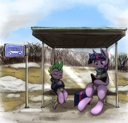 Size: 2580x2472 | Tagged: safe, artist:otakuap, spike, twilight sparkle, dragon, pony, g4, book, bus stop, clothes, duo, eyes closed, female, field, high res, hoodie, male, mare, reading, resting, scarf, sitting, sleeping, snow, spring, sweater, waiting