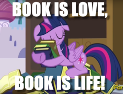 Size: 830x636 | Tagged: safe, edit, edited screencap, screencap, twilight sparkle, alicorn, pony, g4, princess spike, book, bookhorse, floppy ears, hug, image macro, meme, shrek is love shrek is life, that pony sure does love books, twilight sparkle (alicorn)