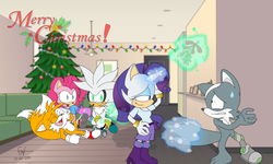 Size: 2383x1429 | Tagged: dead source, safe, artist:atomiclance, pinkie pie, rarity, oc, oc:raxx, anthro, plantigrade anthro, g4, christmas lights, christmas tree, crossover, glowing horn, horn, levitation, magic, male, miles "tails" prower, mistletoe, paws, psychic powers, silver the hedgehog, sonic the hedgehog (series), sonicified, telekinesis, tree