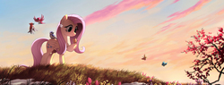 Size: 1640x624 | Tagged: dead source, safe, artist:ruhje, fluttershy, bird, butterfly, pegasus, pony, g4, beautiful, female, flower, folded wings, grass, hoof hold, looking at something, mare, raised hoof, scenery, sky, smiling, solo, spring, wings