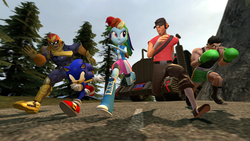 Size: 1366x768 | Tagged: safe, artist:migueruchan, rainbow dash, equestria girls, g4, 3d, captain falcon, crossover, f-zero, gmod, gun truck, little mac (punch-out!!), male, nintendo, punch-out!!, scout, sega, sonic adventure 2, sonic the hedgehog, sonic the hedgehog (series), super smash bros., team fortress 2