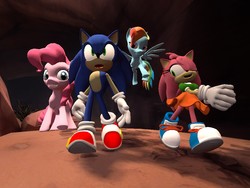 Size: 1024x768 | Tagged: safe, artist:migueruchan, pinkie pie, rainbow dash, g4, 3d, amy rose, crossover, gmod, male, sonic the hedgehog, sonic the hedgehog (series)