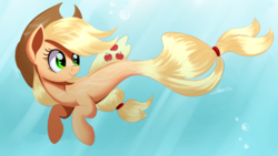Size: 2250x1272 | Tagged: safe, artist:ncmares, applejack, earth pony, seapony (g4), g4, my little pony: the movie, applejack's hat, blue background, bubble, cowboy hat, crepuscular rays, cute, digital art, dorsal fin, eyelashes, female, fin, fish tail, flowing mane, flowing tail, green eyes, happy, hat, mare, ocean, scales, seaponified, seapony applejack, signature, simple background, smiling, solo, species swap, sunlight, swimming, tail, underwater, water, yellow mane, yellow tail